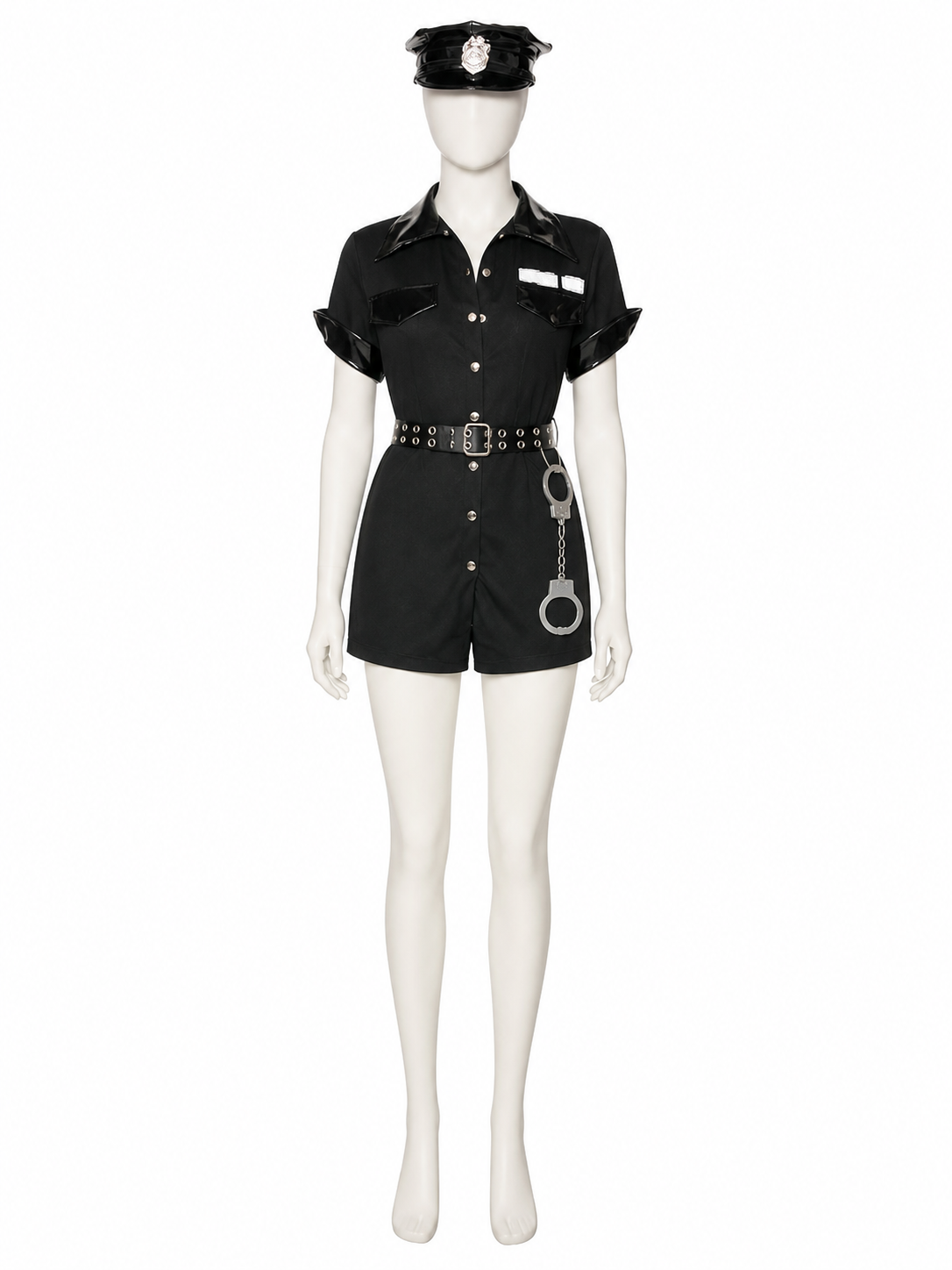 Women's Sexy Police Officer Costume Set, Black Short Sleeve Bodysuit with Hat back view