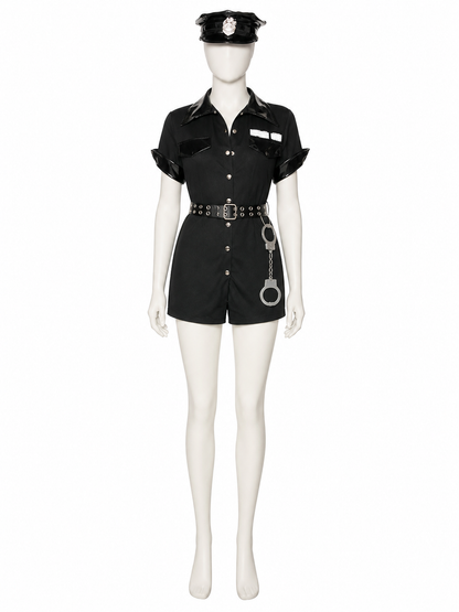 Women's Sexy Police Officer Costume Set, Black Short Sleeve Bodysuit with Hat back view