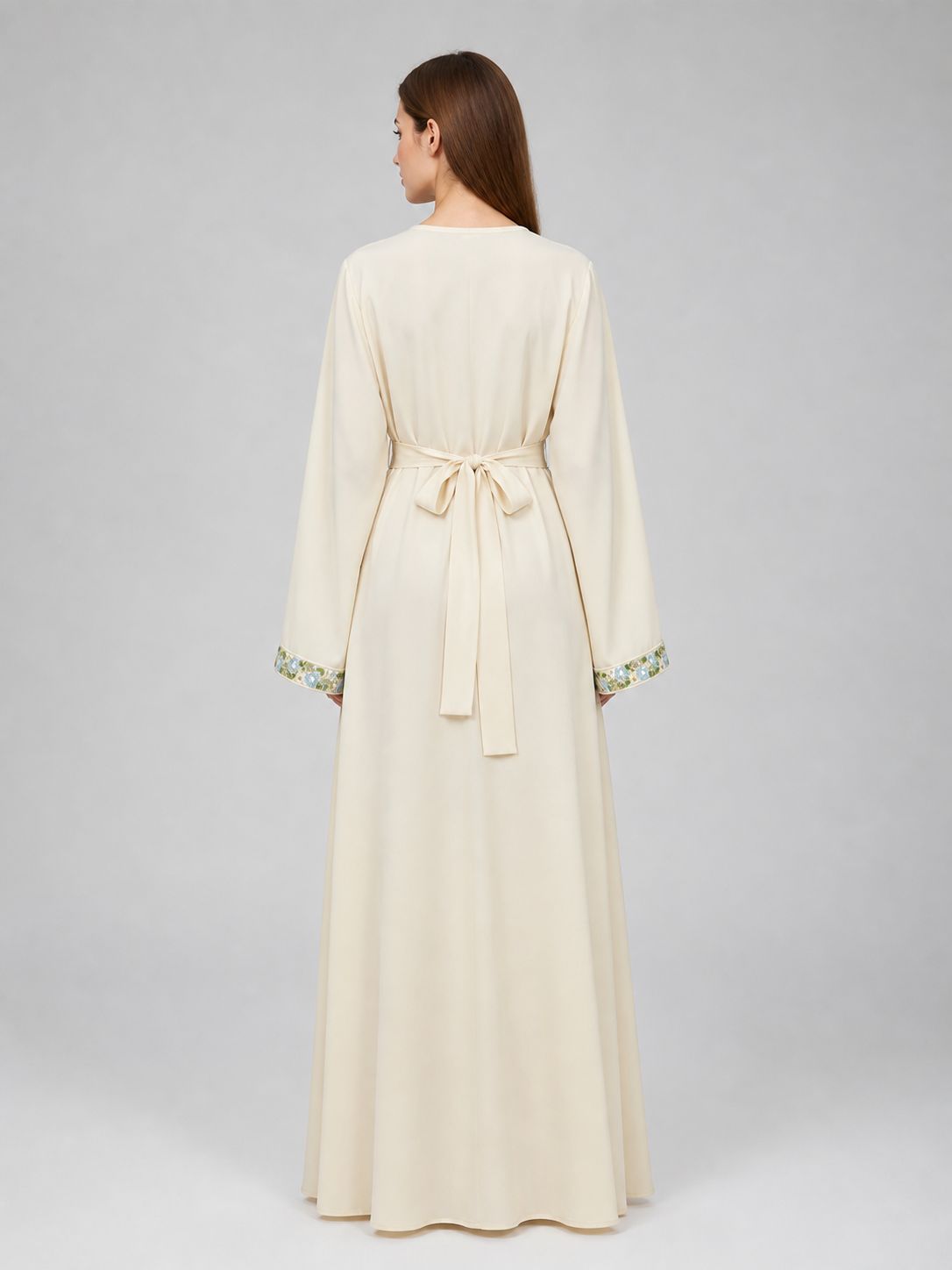 Cream floor-length dress with floral embroidery back view