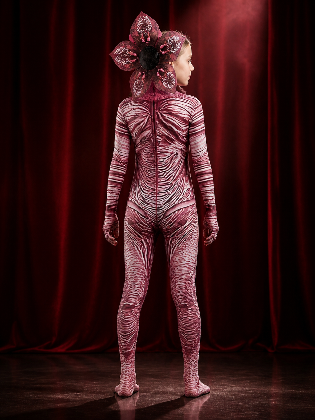 Creepy Carnivorous Plant Costume Set with Flower Headpiece, Striped Bodysuit for back view