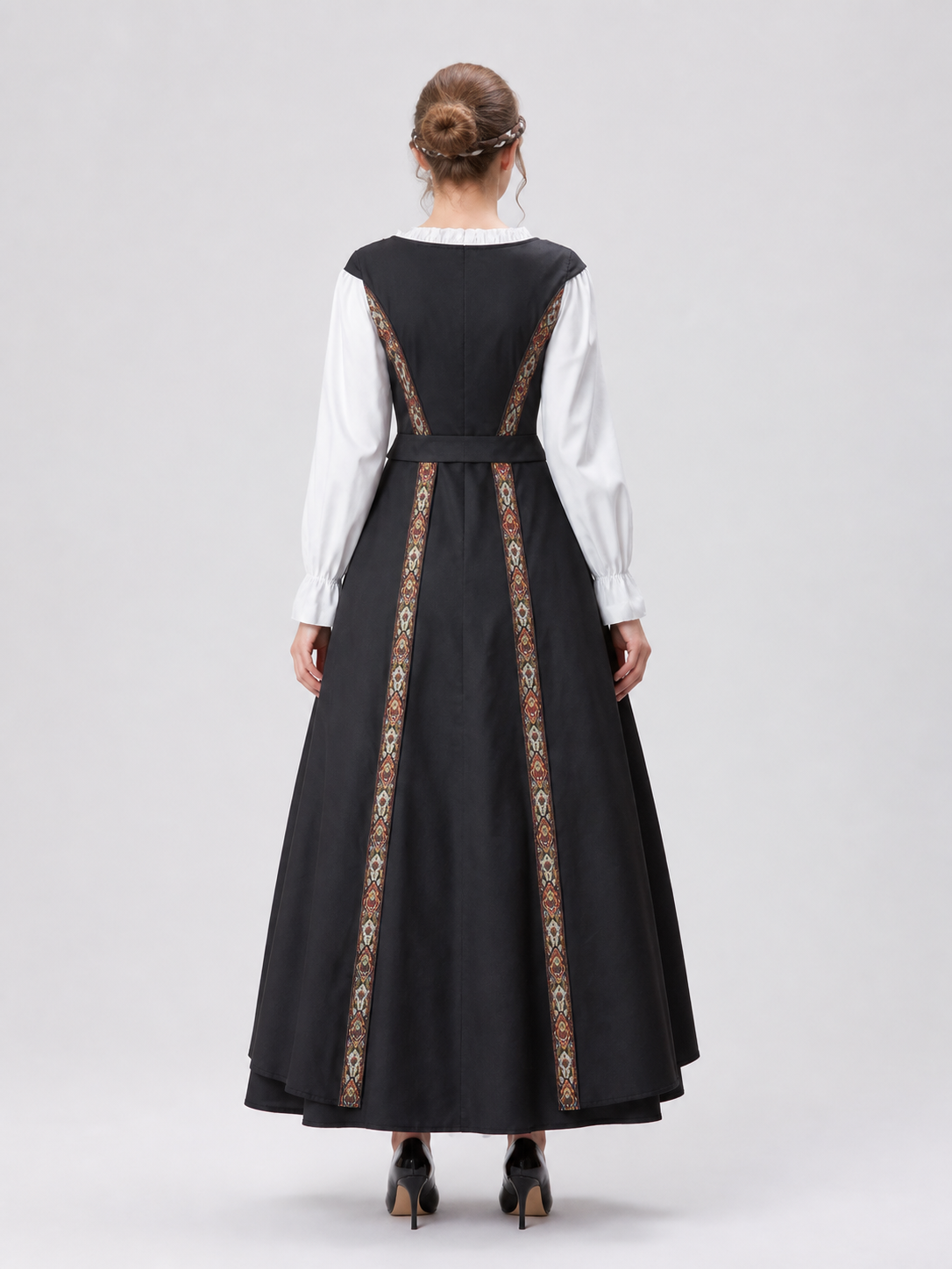 Black Dress with Lace Collar and Ethnic Pattern back view