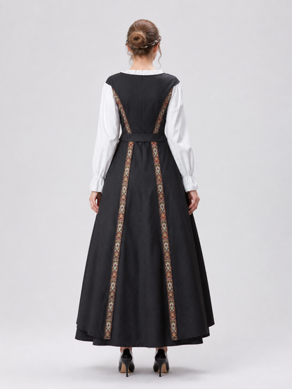 Black Dress with Lace Collar and Ethnic Pattern back view