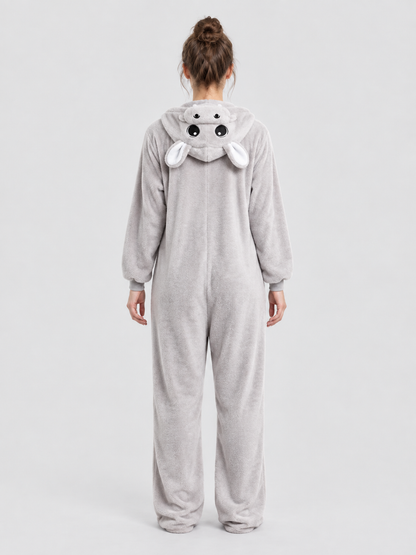 Hooded Pajama Jumpsuit with Animal Face, Light Gray