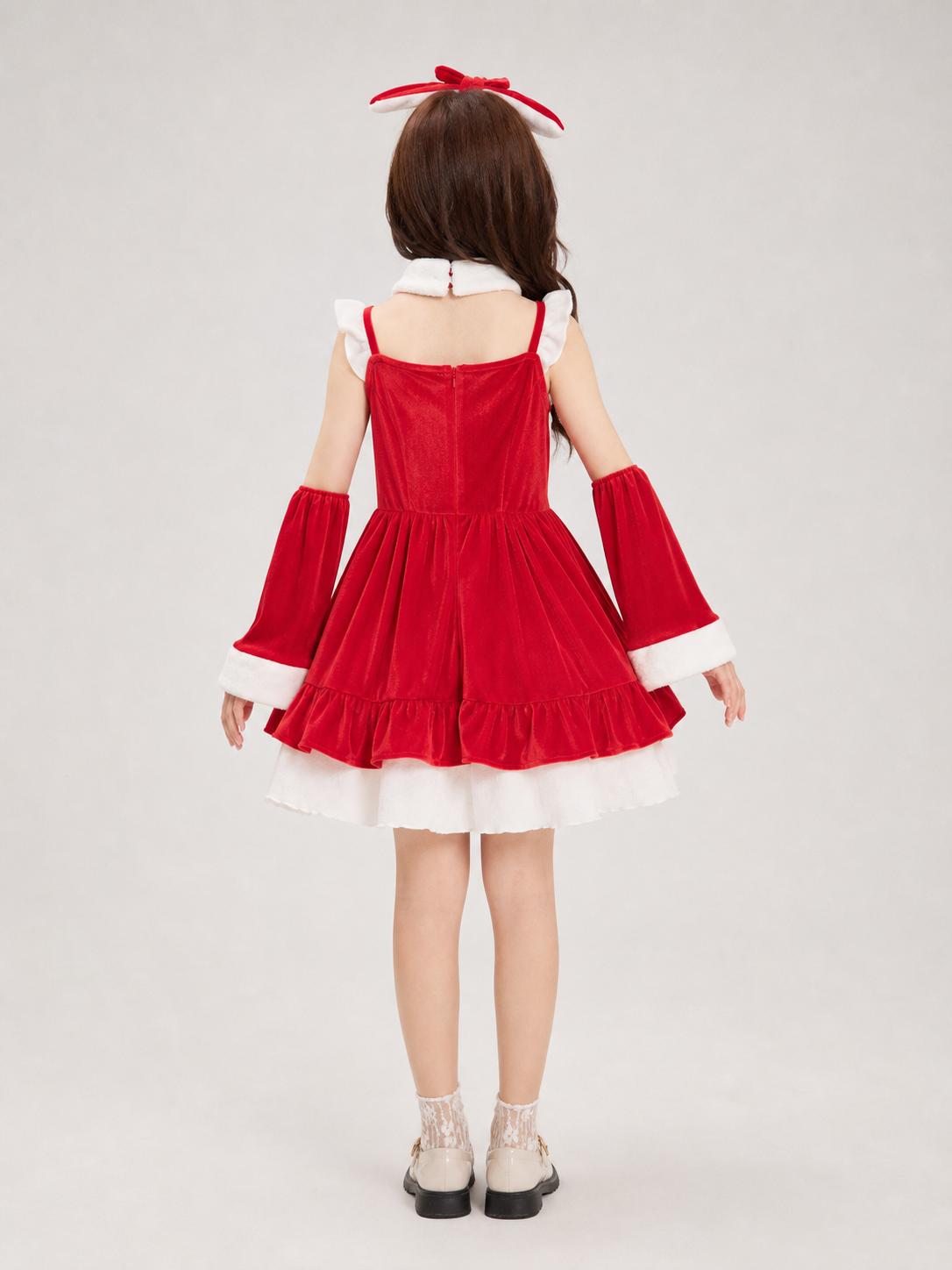 Christmas-Themed Dress with Bow and Ruffles