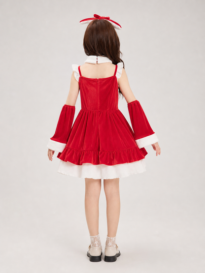 Christmas-Themed Dress with Bow and Ruffles