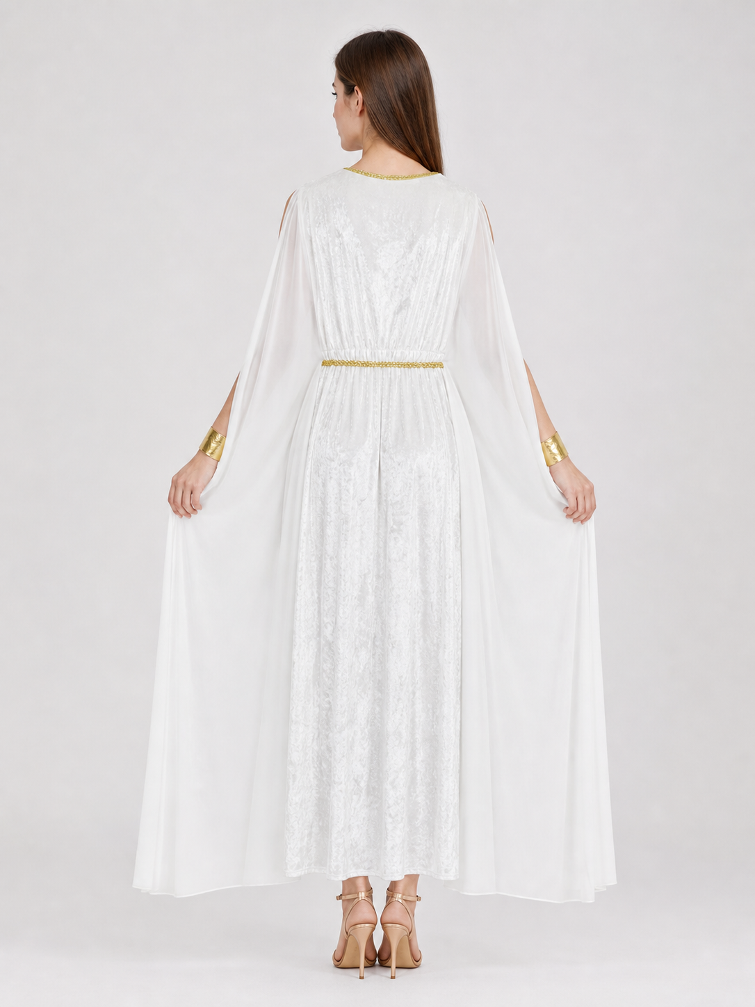 Women’s Greek Goddess Costume Dress, 4-Piece White Draped Outfit with Cape Panels, Leaf Crown Headband and Gold Wrist Cuffs for Cosplay Parties
