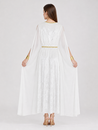 Women’s Greek Goddess Costume Dress, 4-Piece White Draped Outfit with Cape Panels, Leaf Crown Headband and Gold Wrist Cuffs for Cosplay Parties