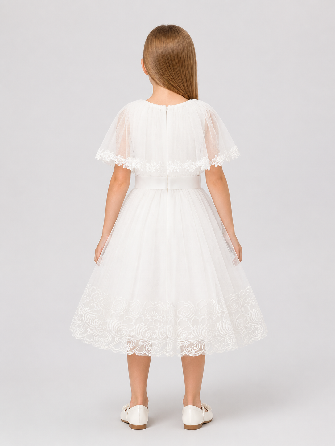 Girls' White Dressy Dress with Lace and Tulle back view