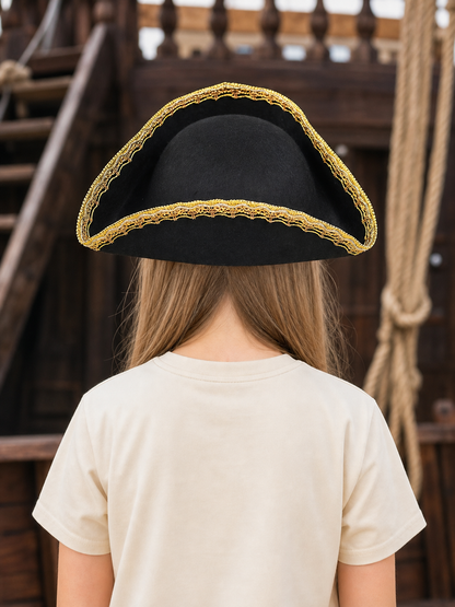 1pc Children's Pirate Hat, Black Wide Brim Pirate Costume Hat with Gold Decorative Trim, Tall Crown for Dress-Up Play and Costume Parties