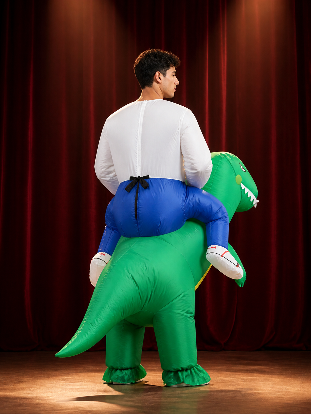 Adult Inflatable Dinosaur Costume, Green with Yellow Belly and White Teeth back view