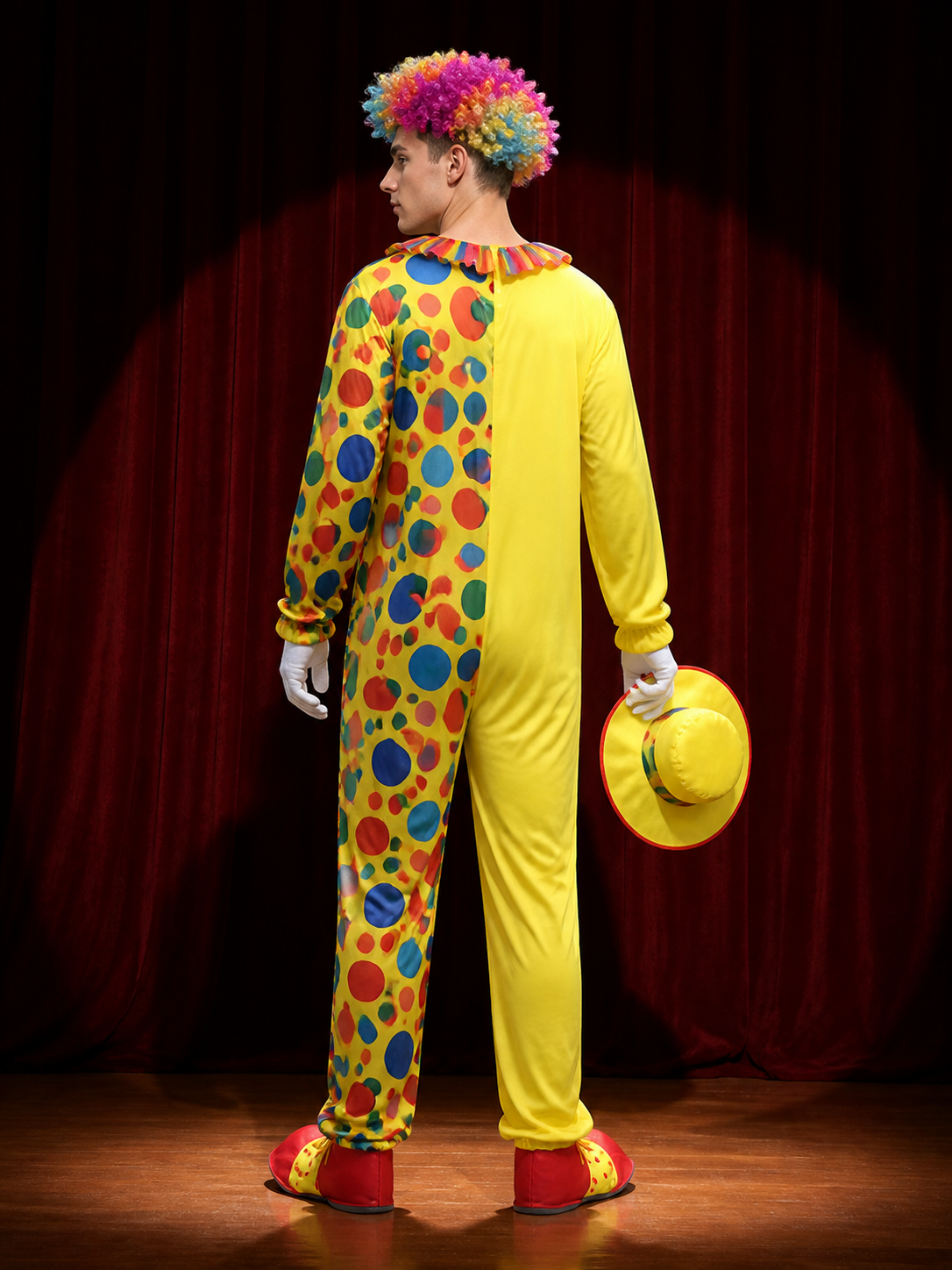 Adult Unisex Clown Costume Jumpsuit with Multicolor Polka Dots and Hat for back view