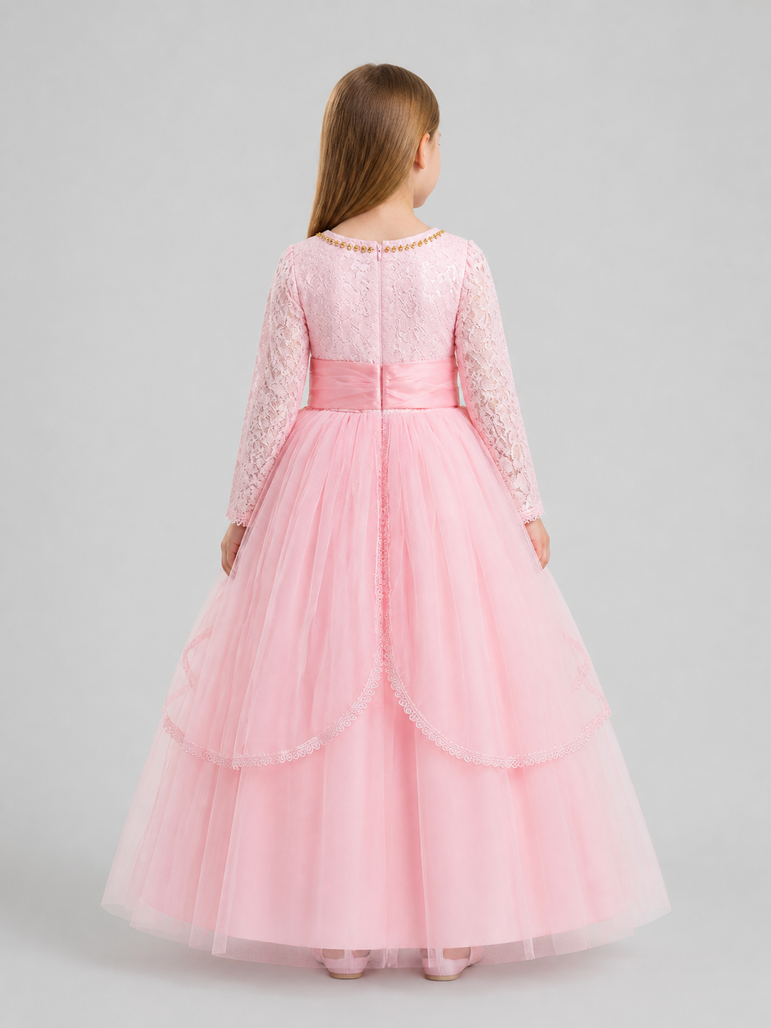 Girls' Pink Lace Dress with a Full Skirt