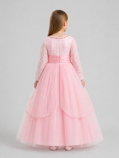 Girls' Pink Lace Dress with a Full Skirt