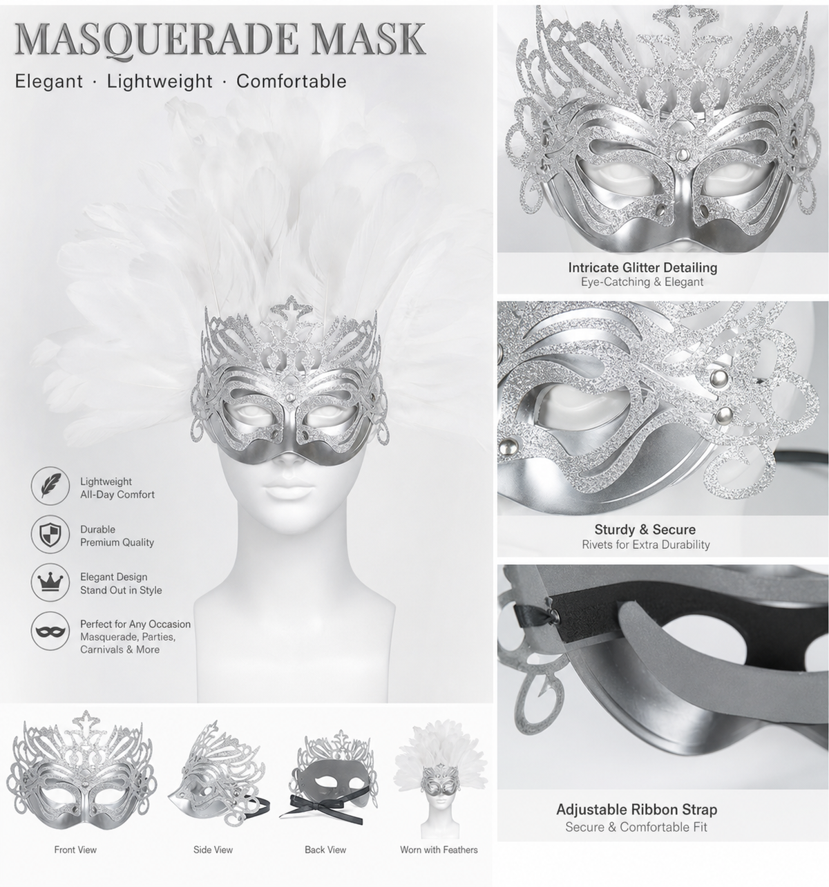 White feather silver masquerade mask product view 23