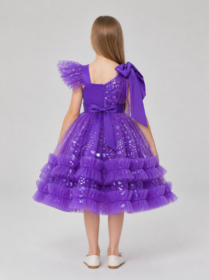 Girls’ Purple Sequin Dress with a Full Skirt back view