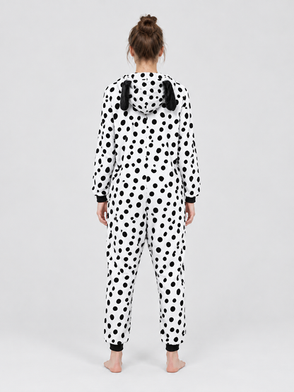 White pajama jumpsuit with black spots and ears