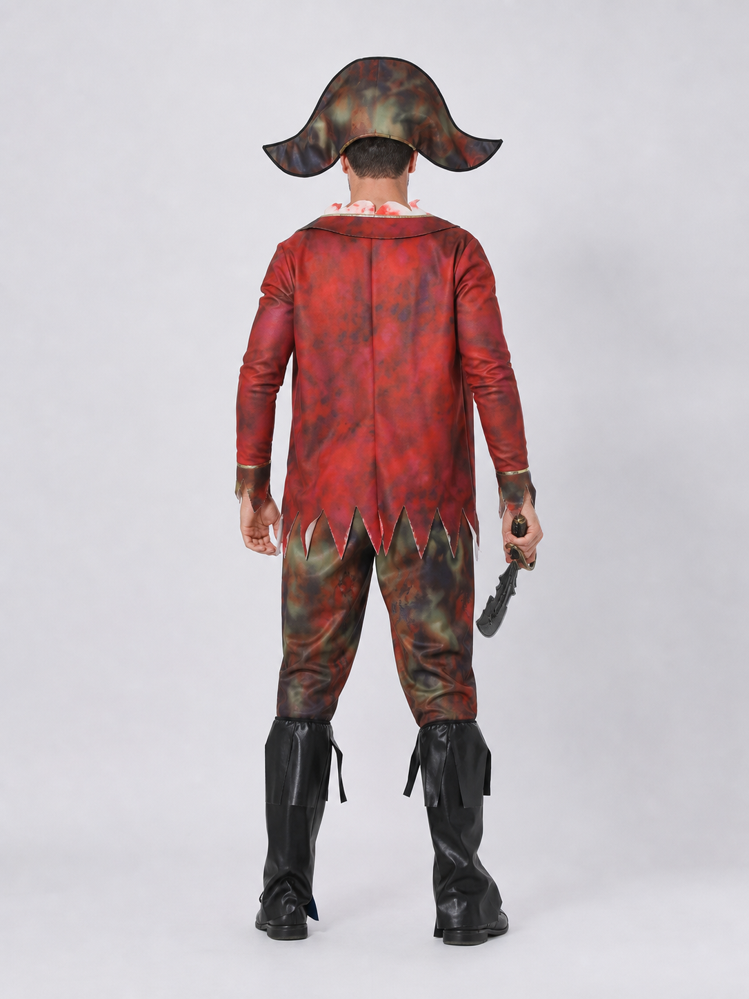 The set features a pirate-style design and includes a one-piece costume with long sleeves and pants, a wide-brim pirate hat, and a black curved blade-shaped accessory. The design combines brown, white, red, and black colors. The front featu