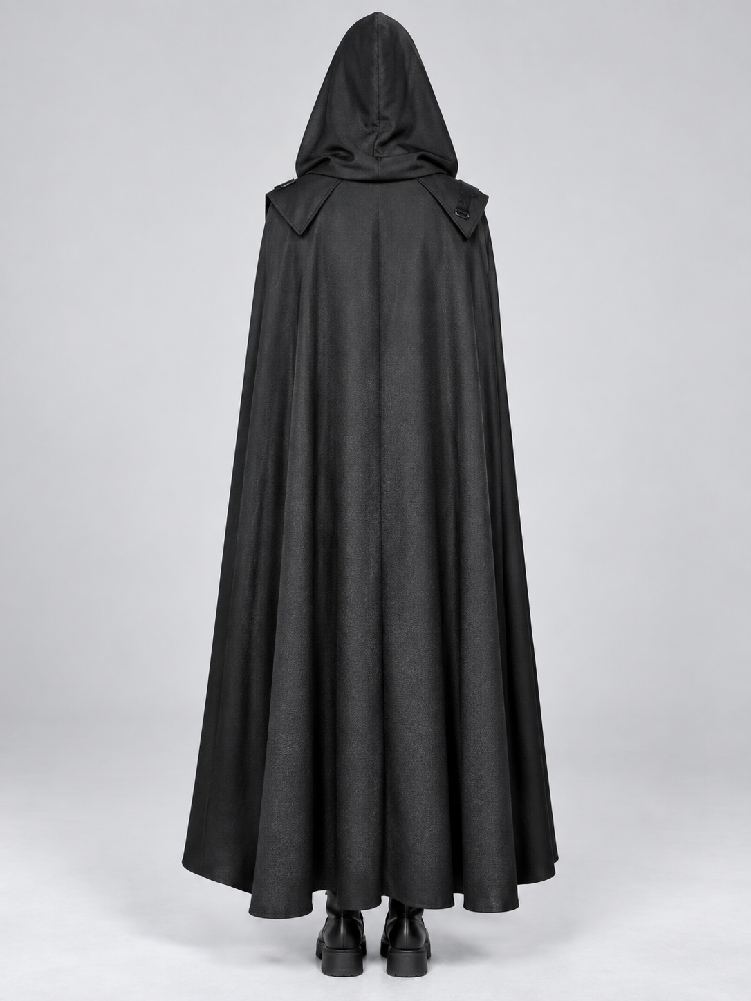 Black Long Hooded Cloak with Buckles