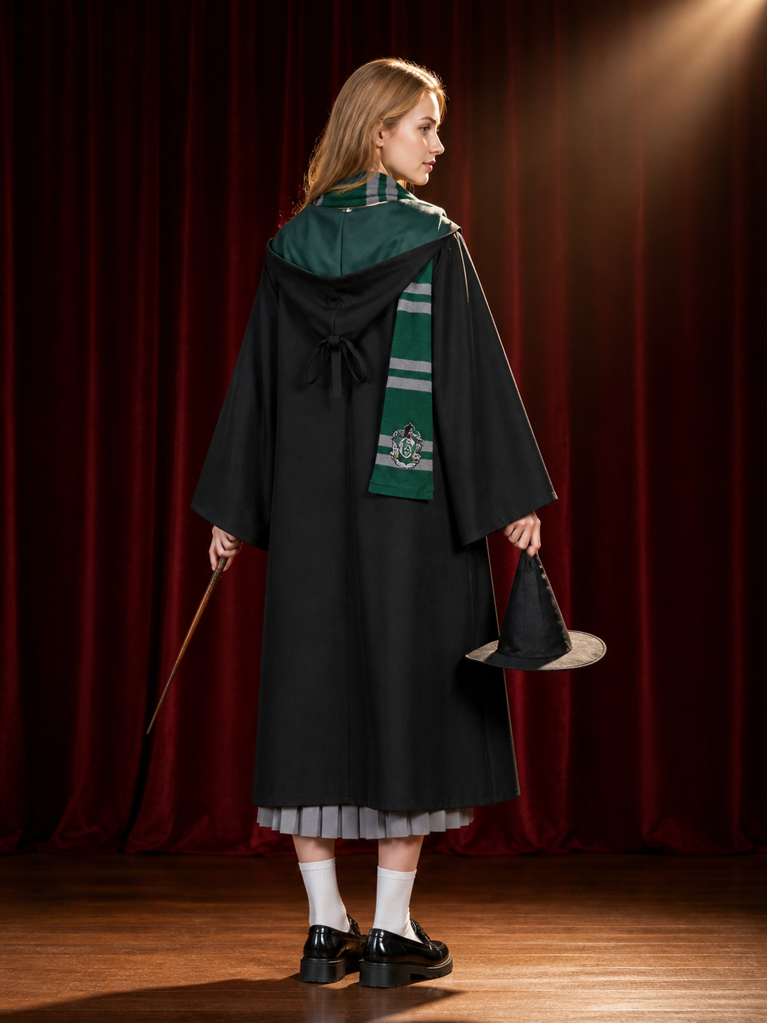 Green And Black Wizard Costume Set With Hooded Robe, Glasses, Wand, Hat And Tie back view
