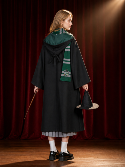 Green And Black Wizard Costume Set With Hooded Robe, Glasses, Wand, Hat And Tie back view