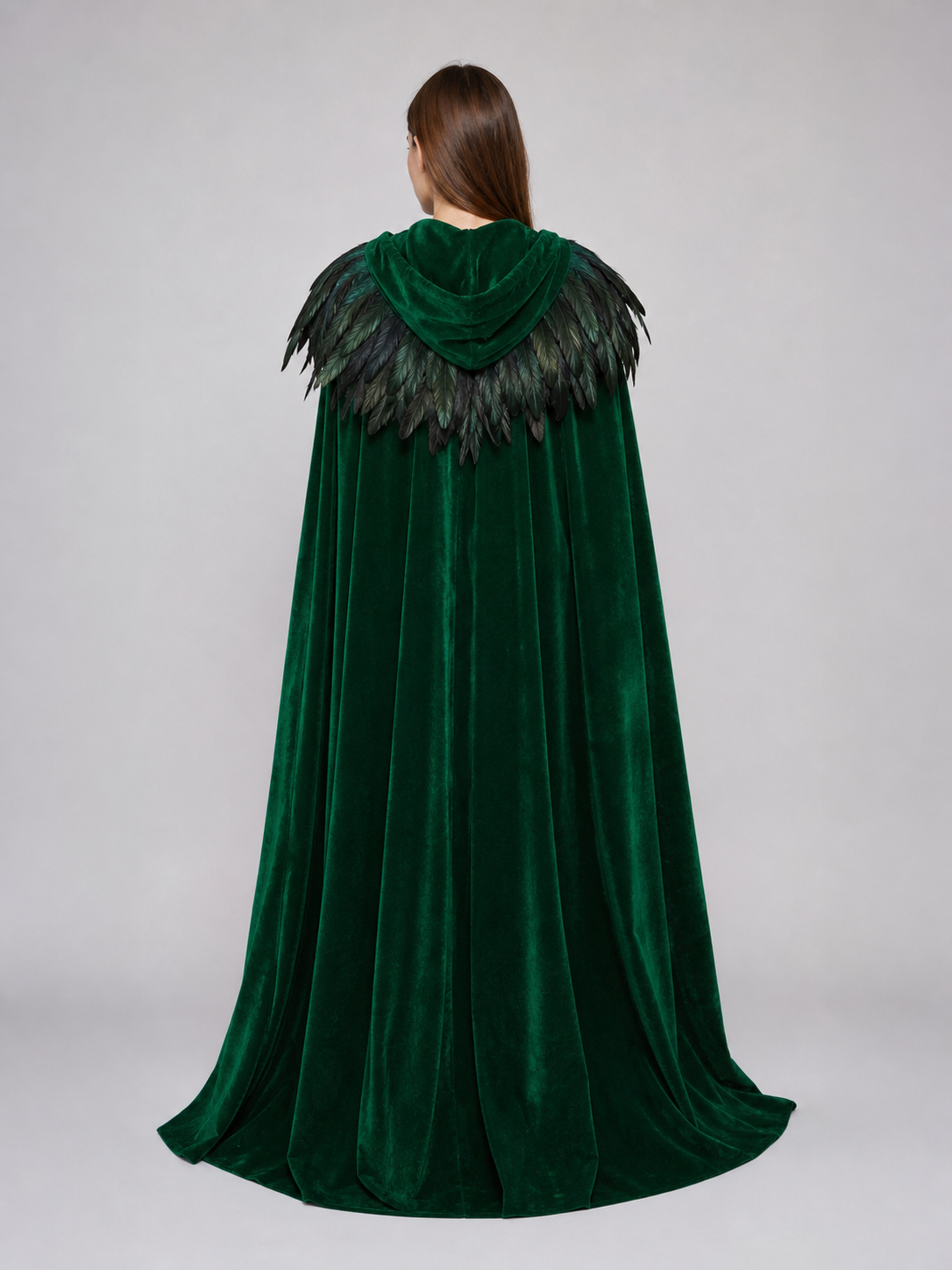 Green Hooded Velvet Feather Cape