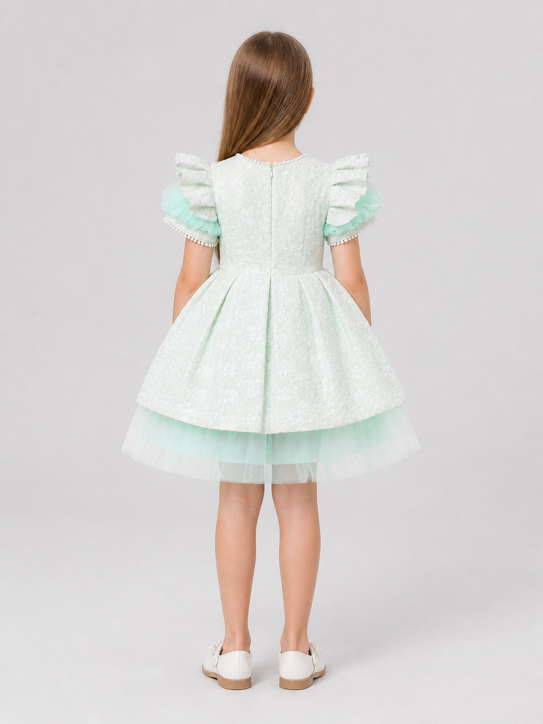 Girls’ Mint Princess Dress with Lace and Tulle back view
