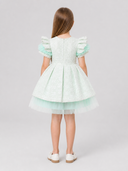 Girls’ Mint Princess Dress with Lace and Tulle back view
