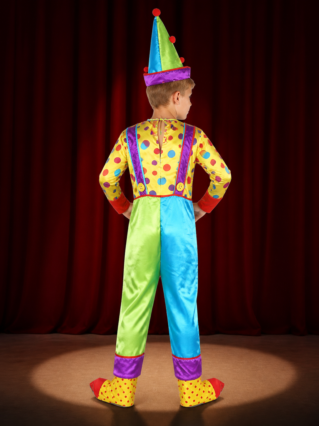 Kids' Colorful Clown Jumpsuit Costume Set with Polka Dots and Pointed Hat back view