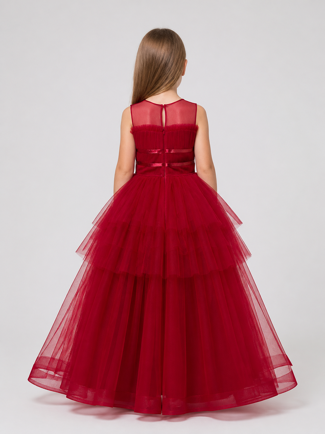 Elegant Long Burgundy Dress with a Full Tulle Skirt back view