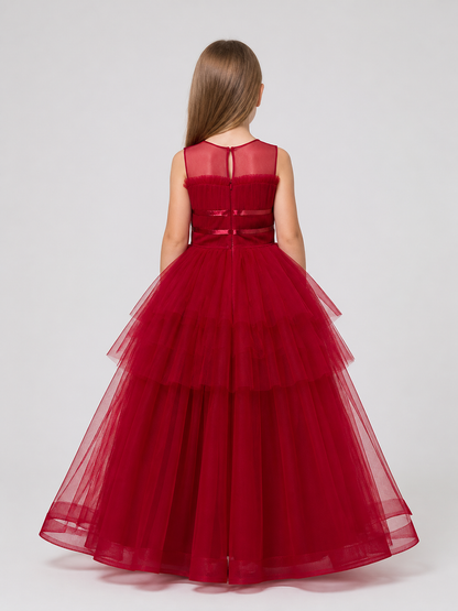 Elegant Long Burgundy Dress with a Full Tulle Skirt back view