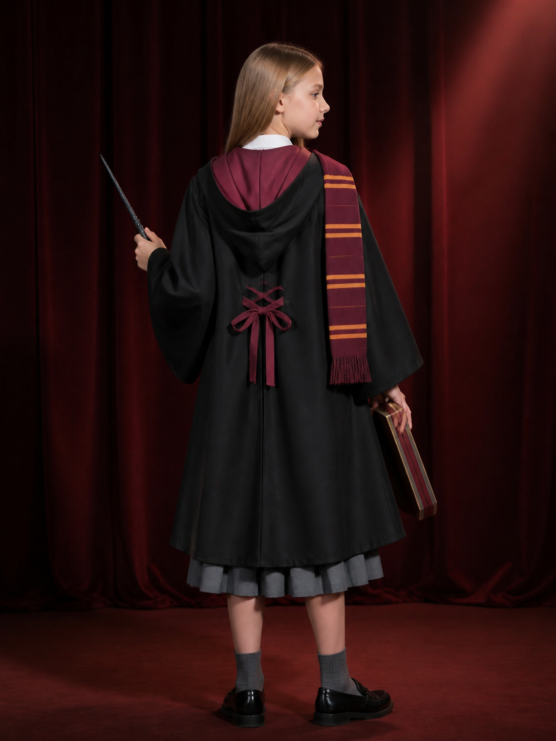Kids Wizard Robe Costume Set With Tie, Scarf, Wand, Shirt And Skirt back view