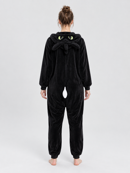 Black and white pajama jumpsuit with a hood and ears