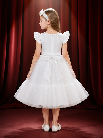 Girls' White Princess Dress With Puff Sleeves, Bow Details And Layered Tulle back view