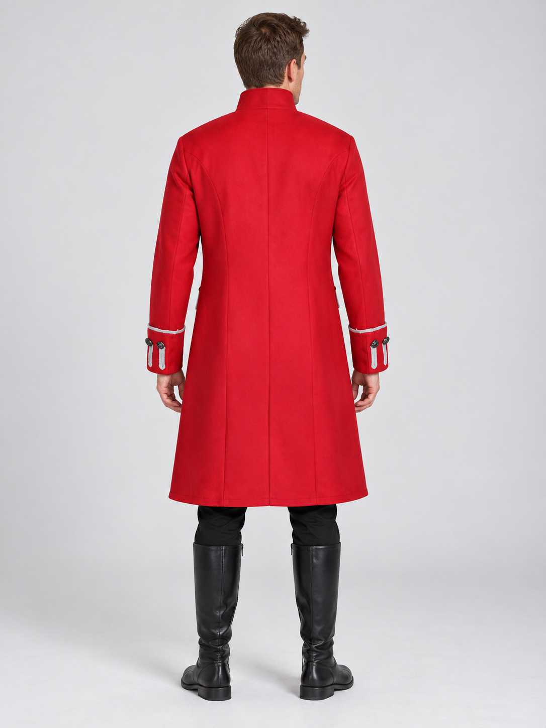 Long Red Frock Coat with Contrasting Trim