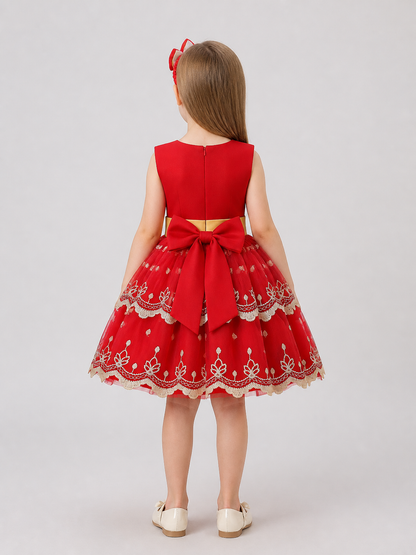 Children’s princess dress with a full skirt and gold embroidery back view