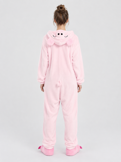 Kids' Pink and White Hooded Pajama Jumpsuit with Ears