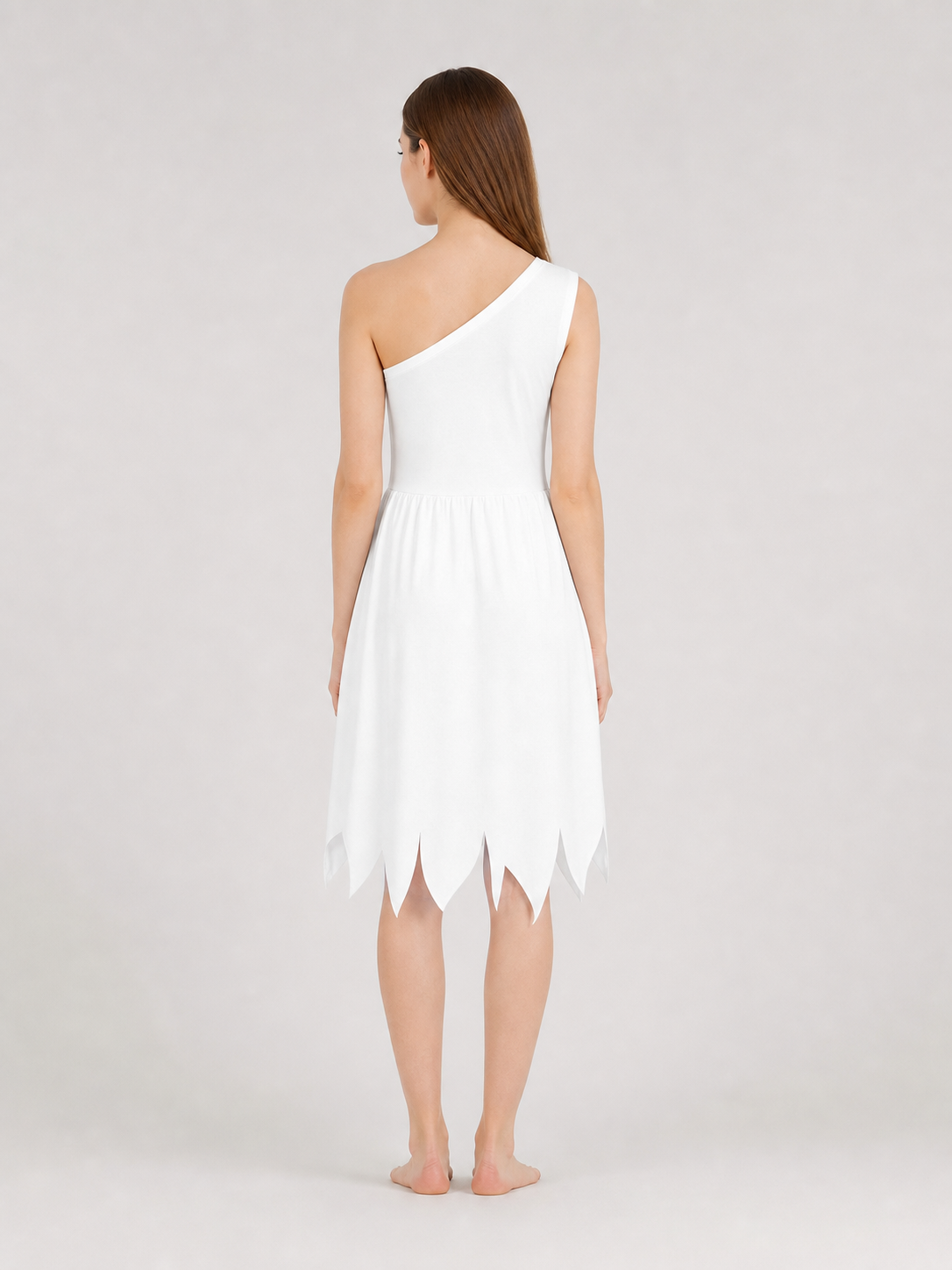 Women's White Cavewoman Costume Dress: One-Shoulder Asymmetric Neckline back view 7