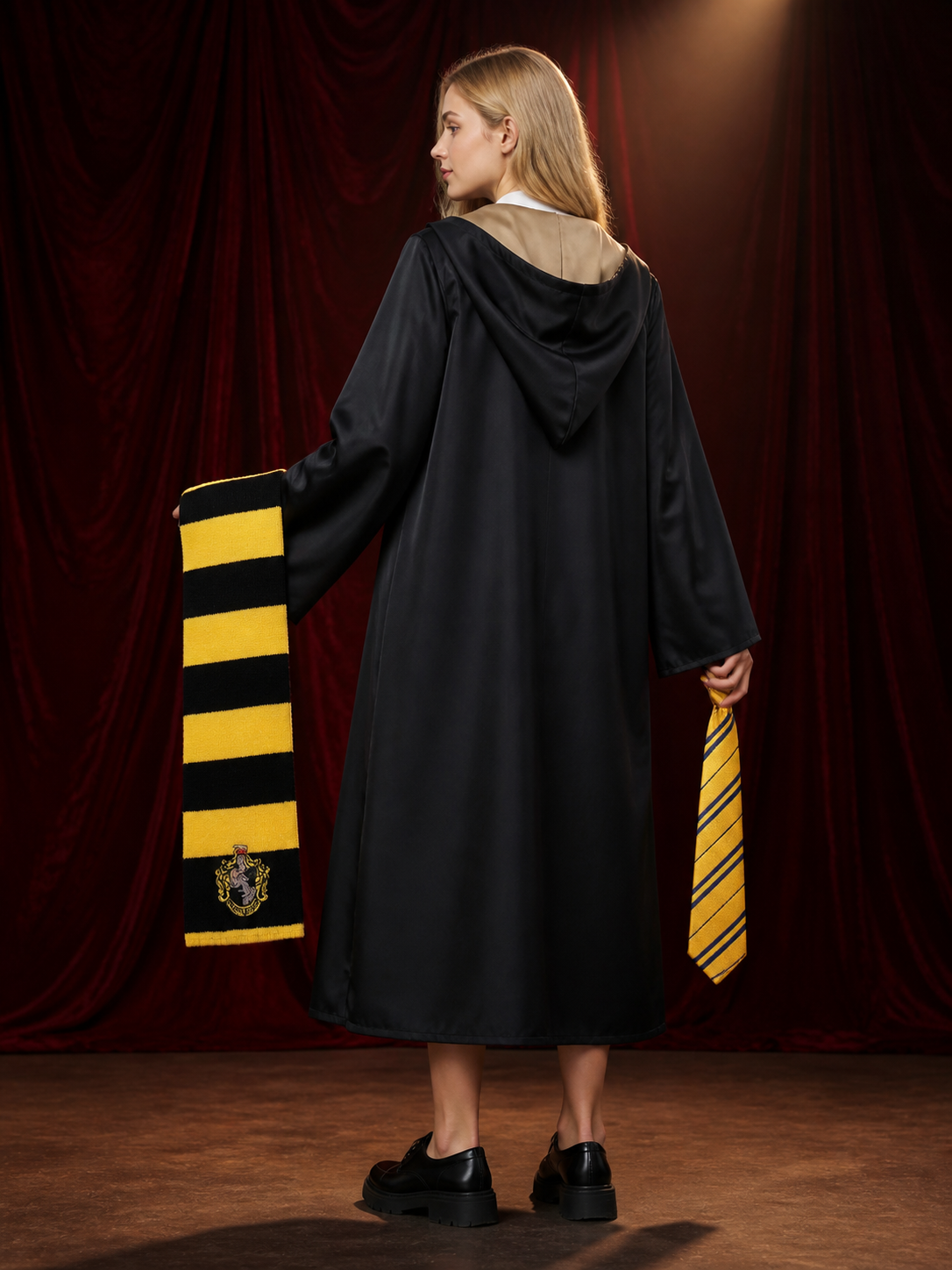 Kids' Hufflepuff Wizard Costume Set with Hooded Robe, Tie and Scarf back view