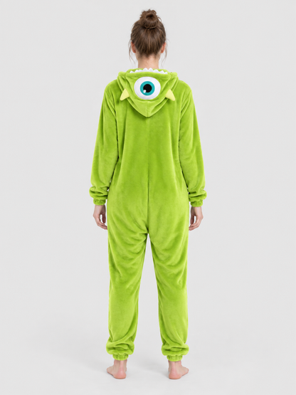 Green Plush Hooded Zip Pajama Jumpsuit