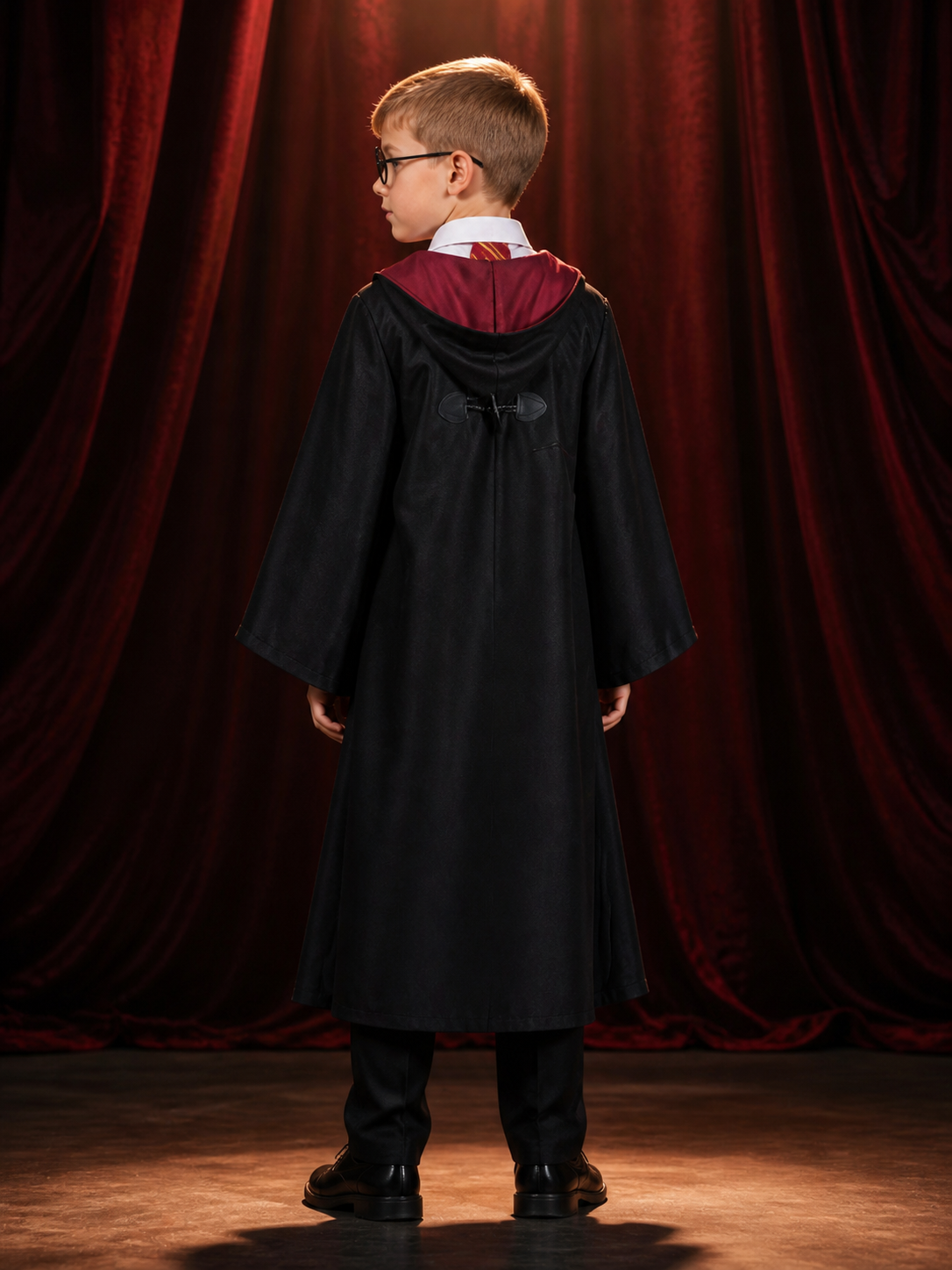 Kids Wizard Costume Set with Hooded Robe, Shirt, Pants, Striped Tie and Glasses back view