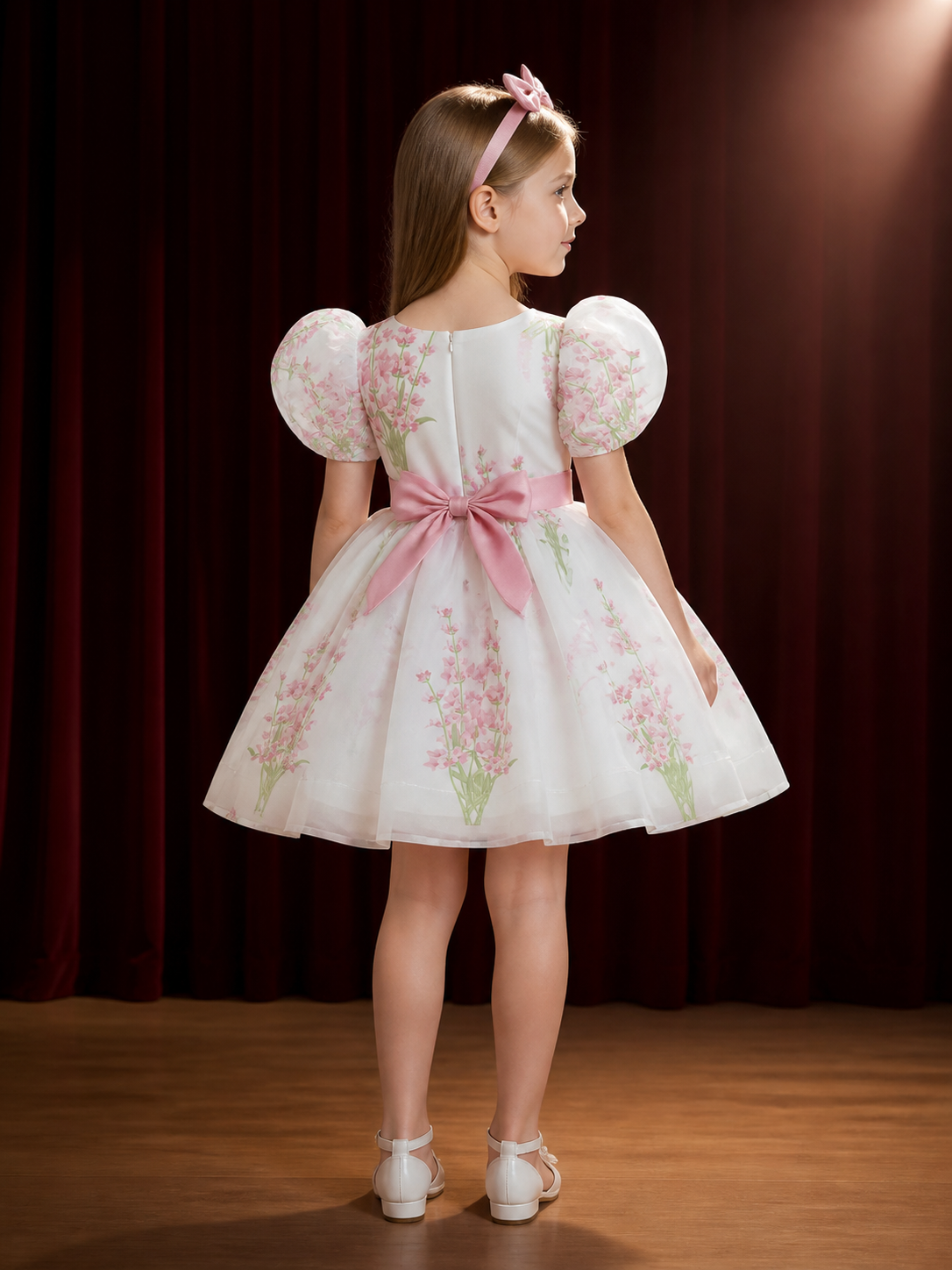 Baby Girls' Floral Princess Dress, Puff Sleeves and Full Skirt back view