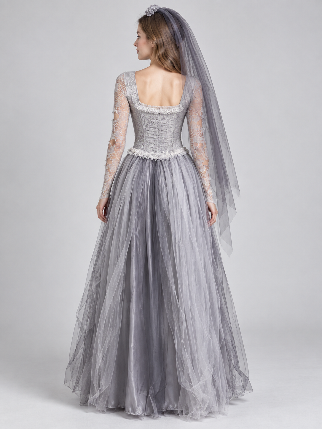 Skeleton Bride Costume with Gray Dress and Veil