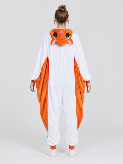 Hooded Pajama Jumpsuit with Animal Face, White and Orange