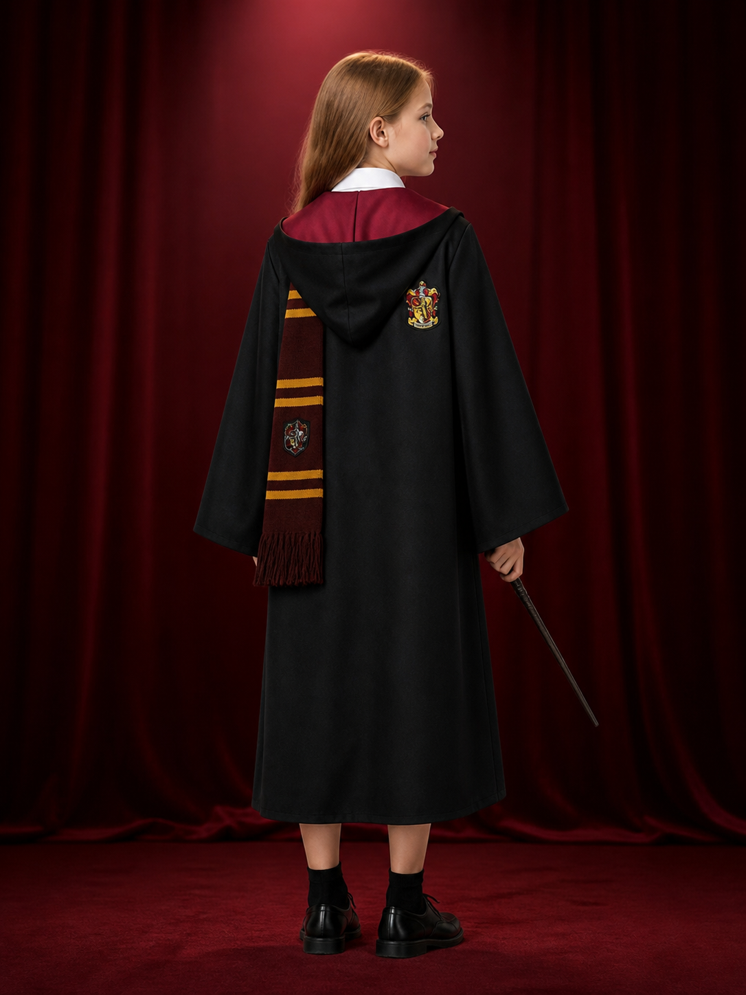 Wizard Robe Costume Set with Shirt, Wand, Tie and Scarf, Black Academy Style back view