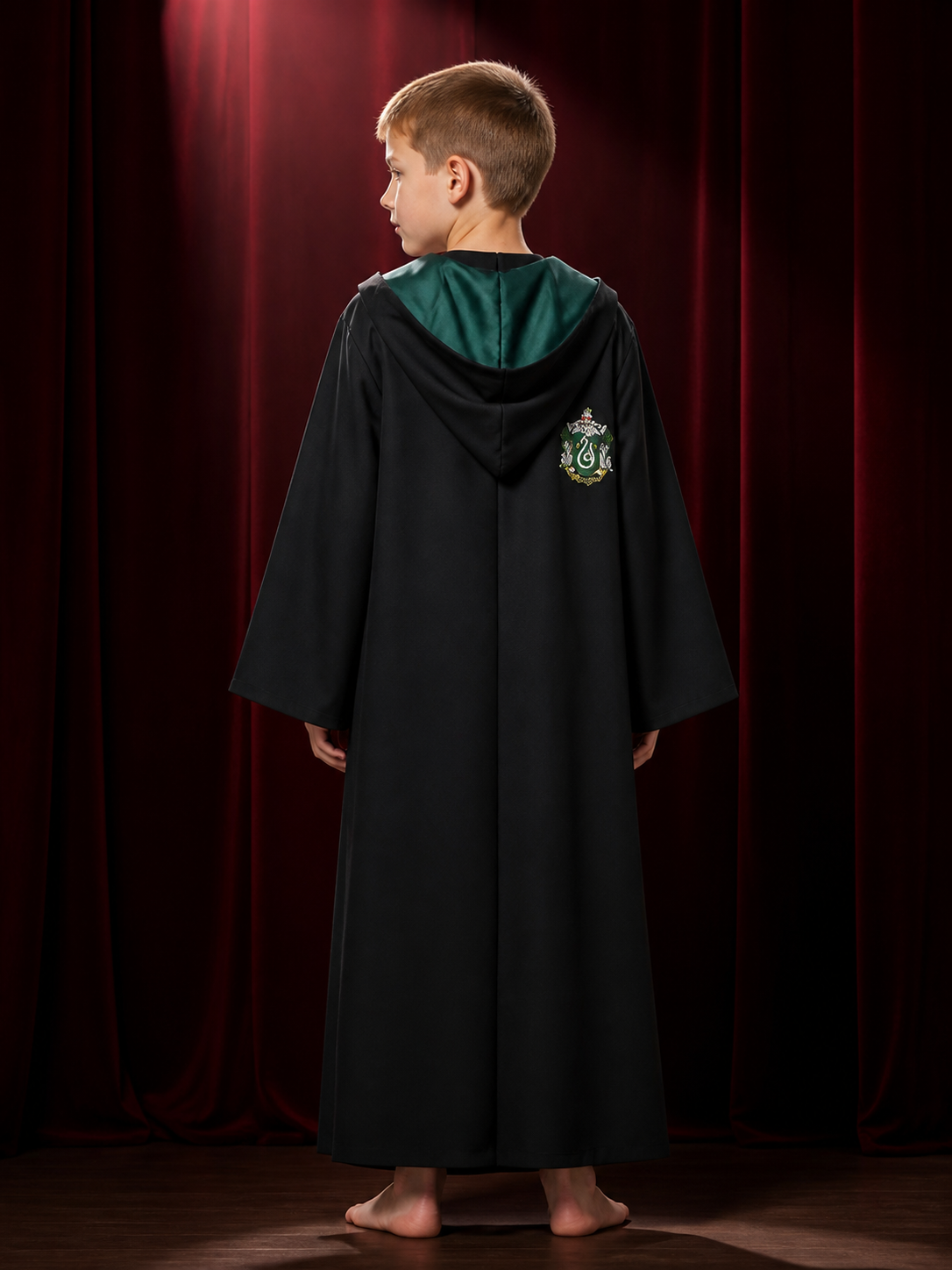 Kids' Slytherin-Themed Hooded Wizard Robe Costume, Black And Green Long-Sleeve back view