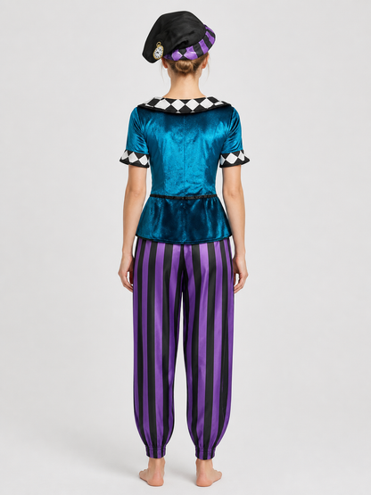 Fantasy Carnival Costume with Hat and Striped Pants back view