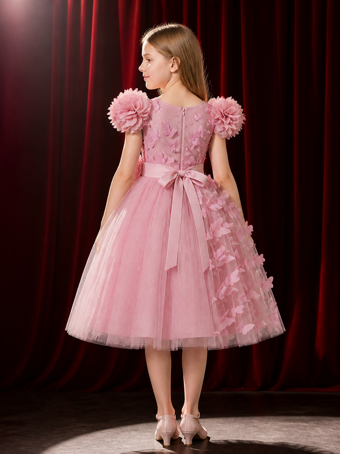 Toddler Girls' Pink Princess Dress, Sleeveless Tulle Party Dress With 3D Flowers back view