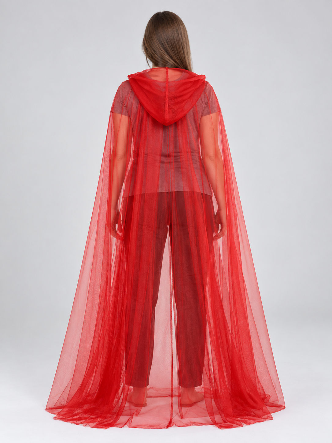 Long red sheer mesh hooded cape cloak