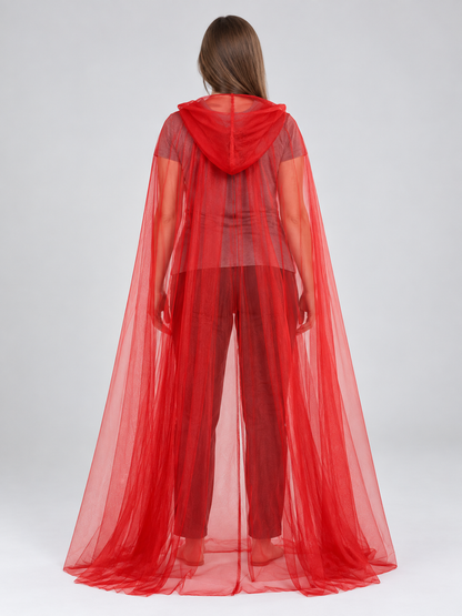 Long red sheer mesh hooded cape cloak