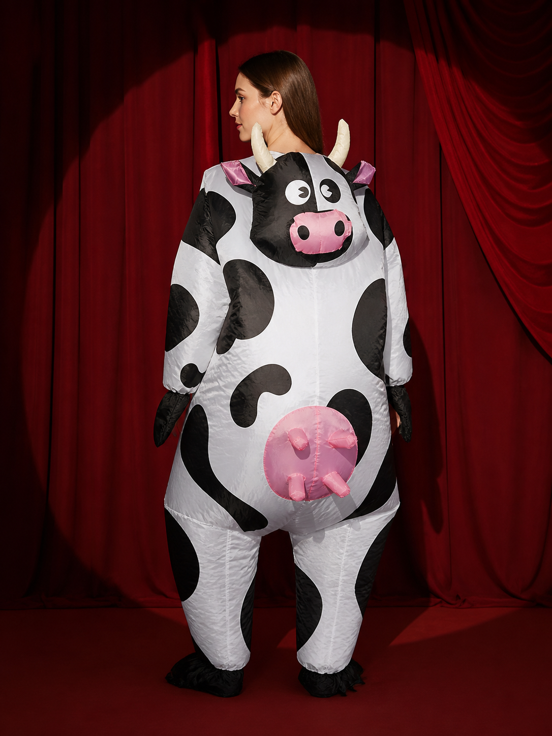 Adult Cow Onesie Costume with Horns, Spots, and Hood for Halloween back view